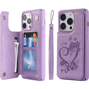 Cavor for iPhone 14 Pro Case with Card Holder,for iPhone 14 Pro Wallet Case for Women Men,Phone Case for iPhone 14 pro with Stand Credit Card Holder, Leather Strap Shockproof Cover- Purple