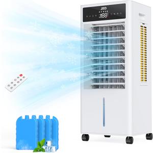 JRD Portable Air Conditioners, 3-IN-1 Evaporative Air Cooler with Remote, 2.4Gal Tank, 4 Ice Packs, 4 Modes, 3 Speeds, 12H Timer, Mist Function, Oscillation Swamp Cooler for Bedroom Home Office (White)