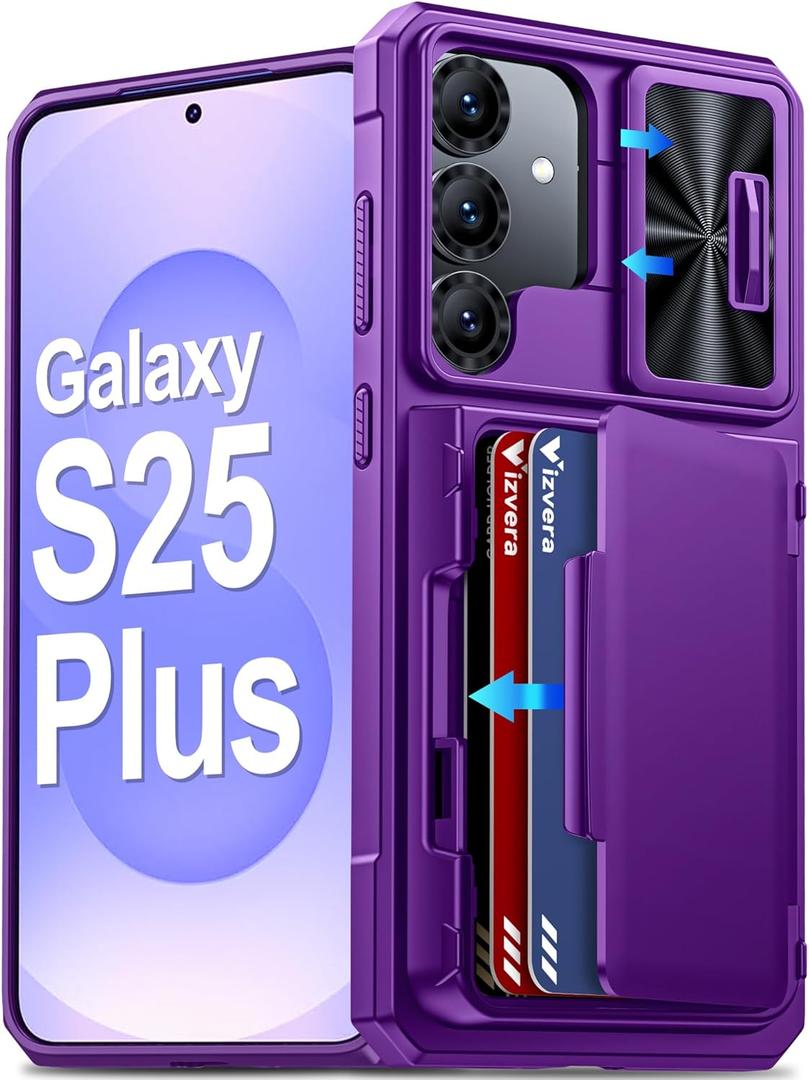 Vizvera for Samsung Galaxy S25+Plus Case Wallet RFID [Cards Holder][Camera Cover][Edge Raised] Full Body Rugged Shockproof Silicone Protective Phone Case for Galaxy S25+Plus 6.7"(Purple)