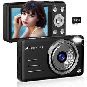 Forc Digital Camera, FHD 4K 64MP Point and Shoot Kids Digital Cameras with 64GB Card, 18X Zoom, Anti Shake, Compact Small Camera for Kids Gifts for Teens Girls Boys (Black-Enhanced version)