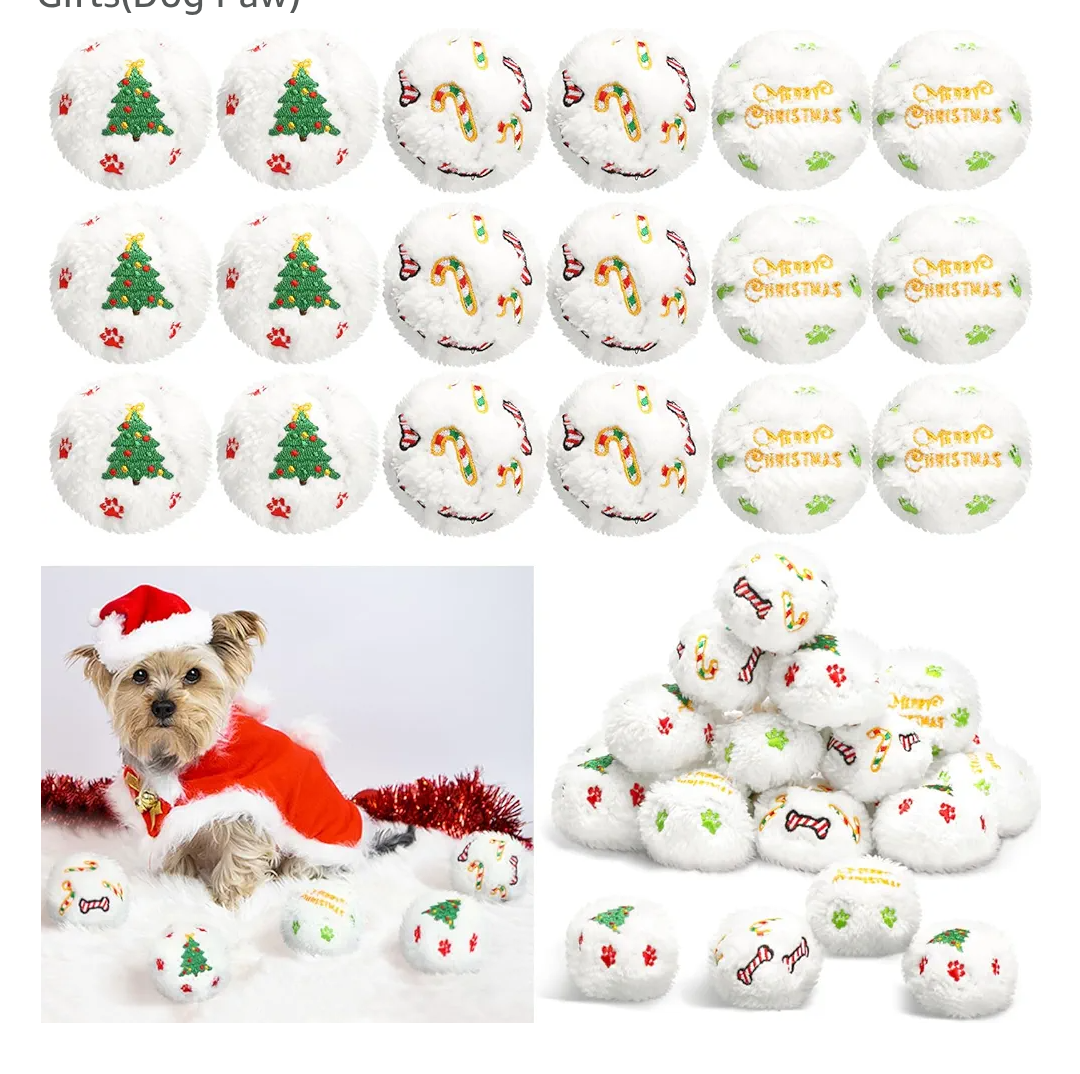 Syhood 60 Pcs Christmas Snowball Dog Toys Squeaky Christmas Snowball Fight Plush Toys for Xmas Indoor Outdoor Santa Elk for Small & Middle Pet Chew Pets Gifts(Dog Paw)