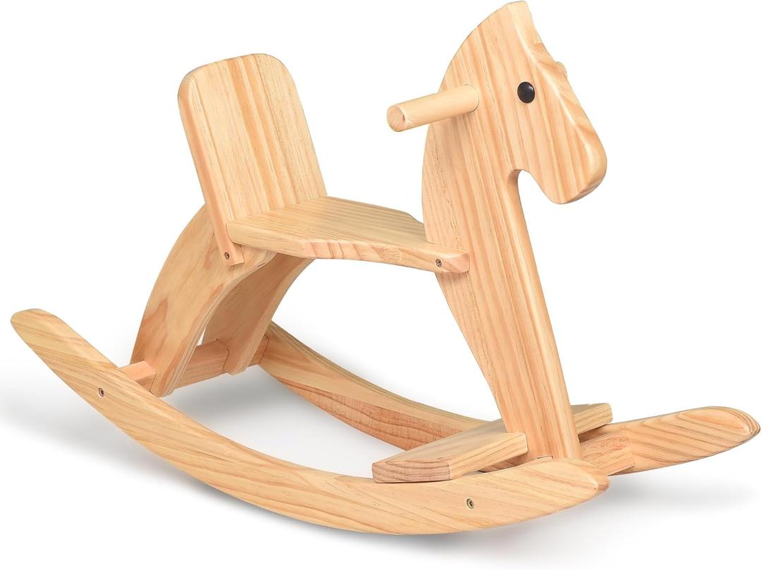 Rocking Horse Wooden Ride On Toy for Kids Classic Design Rocking Horse with Pedal and Safe Backrest Fine Workmanship(Classic, Natural)