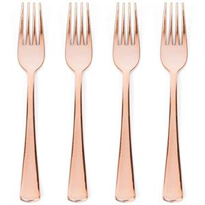 Prestee Set of 100 Rose Gold Plastic Forks Disposable - 7-in Heavy-Duty Fork Flatware - Bulk Pack Fancy Silverware - Sturdy Pink Cutlery for Weddings, Birthday Parties, Buffets, Catering and Events
