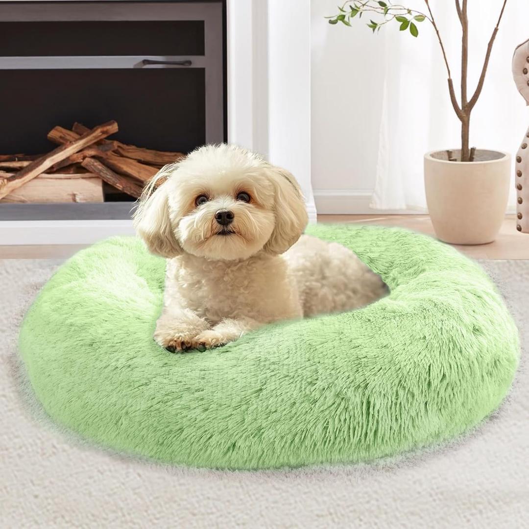 JOLLYVOGUE Calming Dog Beds Large Sized Dog, 36in Donut Washable Large Pet Bed, Anti-Slip & Anti-Anxiety Fluffy Faux Fur Round Dogs Bed, Fits up to 80 lbs Pets (Light Green)
