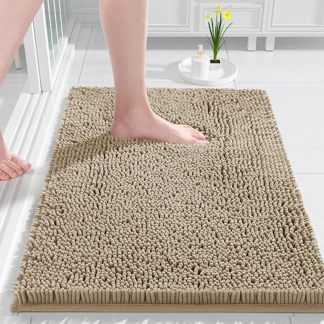 Yimobra Chenille Bathroom Rug, 24x17, Extra Soft Absorbent Bath Rugs, Non-Slip, Bath Mats for Bathroom Floor, Water Absorbent, Machine Washable, Plush Bathroom Mat for Tub and Shower, Pale Khaki