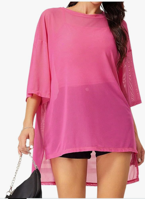 Milumia Women's 2 Set Sheer Mesh Short Sleeve T Shirt Tee and Crop Cami Top Set Size L