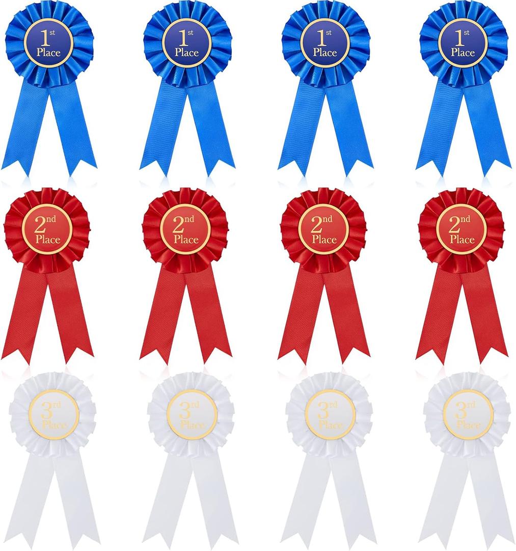 MTLEE Award Ribbon Rosette Set Satin Participation Ribbon Honorable Awards Badge Blue Red and White Prizes 1st 2nd 3rd Place Medals for Classroom Prize Science Fair Talent Show(12 Pcs)