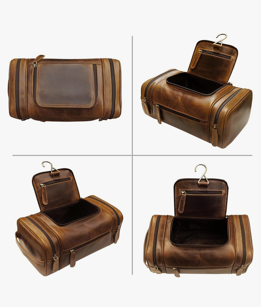 ELIZO Genuine Leather Toiletry Bag for Men Mens Toiletry Bags for Traveling Waterproof Hanging Leather Dopp Kit w/Hook Extra largeToiletry Bag Travel Organizer for Toiletries