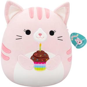 Squishmallows Original 14in Laura The Pink Tabby Cat Holding Birthday Cupcake  Official Jazwares Plush (Large)