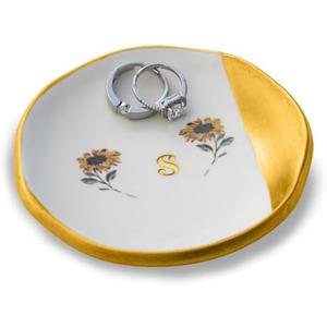 DHXLLTC Sunflower Gold-Edged Ring Holder Dish, Personalized Jewelry Dish, Engagement Trinket Dish, Ring Tray for Jewelry, Gifts for Bride to Be, Bridesmaids, Mother's Day,Set of 4