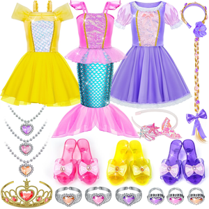 Princess Dress Up Clothes and Jewelry Boutique, Toys for Little Girls, Princess Costumes Gifts with Shoes, Dresses, Tiara, Necklaces, Gift Set for Toddler Girls Age 3 4 5 6 7 Years Old, Set of 3