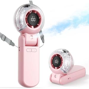 TriPole Misting Fan Portable Handheld Turbo Fan with Mist, LED Display, Neck & Desk Foldable High Speed Airflow Mini Fans, Rechargeable Personal Mister Fans with Water Spray Bottle for Outdoor Travel