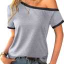 LilyCoco Women Short Sleeve Off The Shoulder Tops Asymmetrical Ringer Tee Shirts Grey X-Large (Gray, XL)