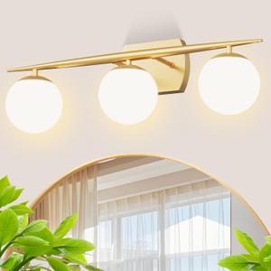 Gold Bathroom Light Fixtures, 3-Light 25.1 Inch Modern Light Fixture Bathroom with Milky White Frosted Glass Shades, Wall Sconces for Bathroom, Bedroom, Living Room(G9 Bulb not Included)