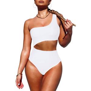Women's One Shoulder One Piece Swimsuit Cutout Color Block Monokini Bathing Suits XL