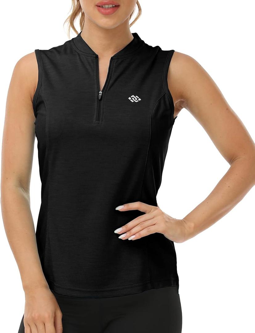 JINSHI Women Tennis Shirt Golf Sleeveless ShirtsQuick Dry UPF 50+ Sportswear with Zipper (XX-Large, Black)