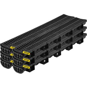 VEVOR Trench Drain System, Channel Drain with Plastic Grate, 5.7x3.1-Inch HDPE Drainage Trench, Black Plastic Garage Floor Drain, 6x39 Trench Drain Grate, with 6 End Caps, for Garden, Driveway-6 Pack