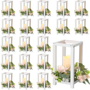 Hushee 60 Pcs Wooden Wedding Lantern Centerpiece Integrated Holders with Candles and Wreaths Rustic Wooden Candle Lantern Decor for Wedding Party Table Valentine Decor (White)