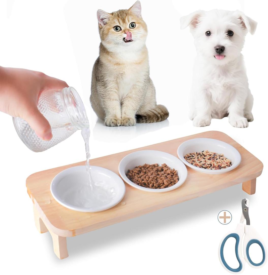 3 Elevated Cat Food and Water Bowl Set with Stand,15Tilted Raised Pet Bowlfor Kittens/Puppy with 3 Ceremic Dishes, Indoor Cat Food BowlAnti-Vomit & Whisker Fatigue Relief, Dishwasher Safe (Wooden)