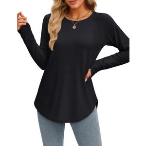 YUCOLEN Womens Long Sleeve Shirts with Thumb Hole Tunic Tops to Wear with Leggings Loose Fit with Crew Neck Curved Hem (Black, XXL)