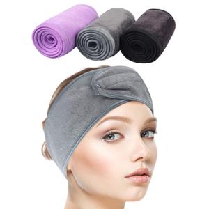 SINLAND Headband for Women Ultra Soft Adjustable Makeup Hair Band with Magic Tape, Stretch Head Wrap for Bath, Shower, Facial Mask, Yoga (Pack of 3), Grey,Purple,Black