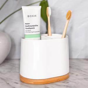 DAILY RITMO Large Toothbrush Holder for Bathrooms with Bamboo Base | Modern 3 Slots Compartment White Ceramic Marble Like Toothpaste Cup for Electric and Kids Tooth Brushes