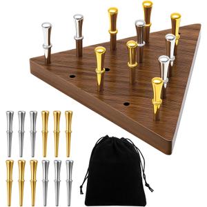 Estune 1 Set 4.3 Inch Walnut Wooden Triangle Peg Game Portable Board with Storage Bag Classical Peg Triangular Game for Adults Family Friends Home Winter Holiday Christmas Party