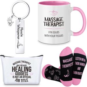 4 Pcs Christmas Massage Therapist Gifts Set Muscle Whisperer Keychain Makeup Bag Socks Funny 11oz Double Sided Ceramic Mug Lmt Gifts for Women Massage Therapy Therapist Chiropractor Xmas Party