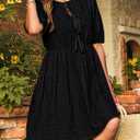 Dokotoo Summer Dresses for Women 2026 Tie Front V Neck Short Puff Sleeve Hollow Out Lace Wedding Guest Dress (M)