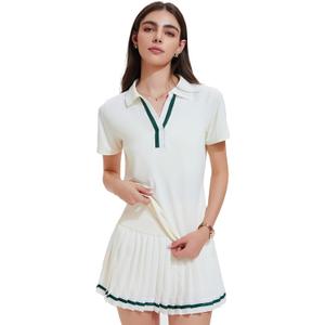 Women 2 Piece Tennis Skirt Set Pleated Golf Outfit, Polo V-Neck Athletic Dress Alternative Skort Set for Pickleball Pockets, L