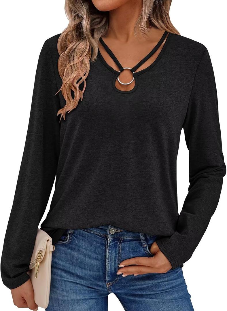 Women's Long Sleeve Tops Keyhole Neck Detail Crew Neck Shirts Ring Cut Out Design Stretchy Tees 2025 (Medium, Black)
