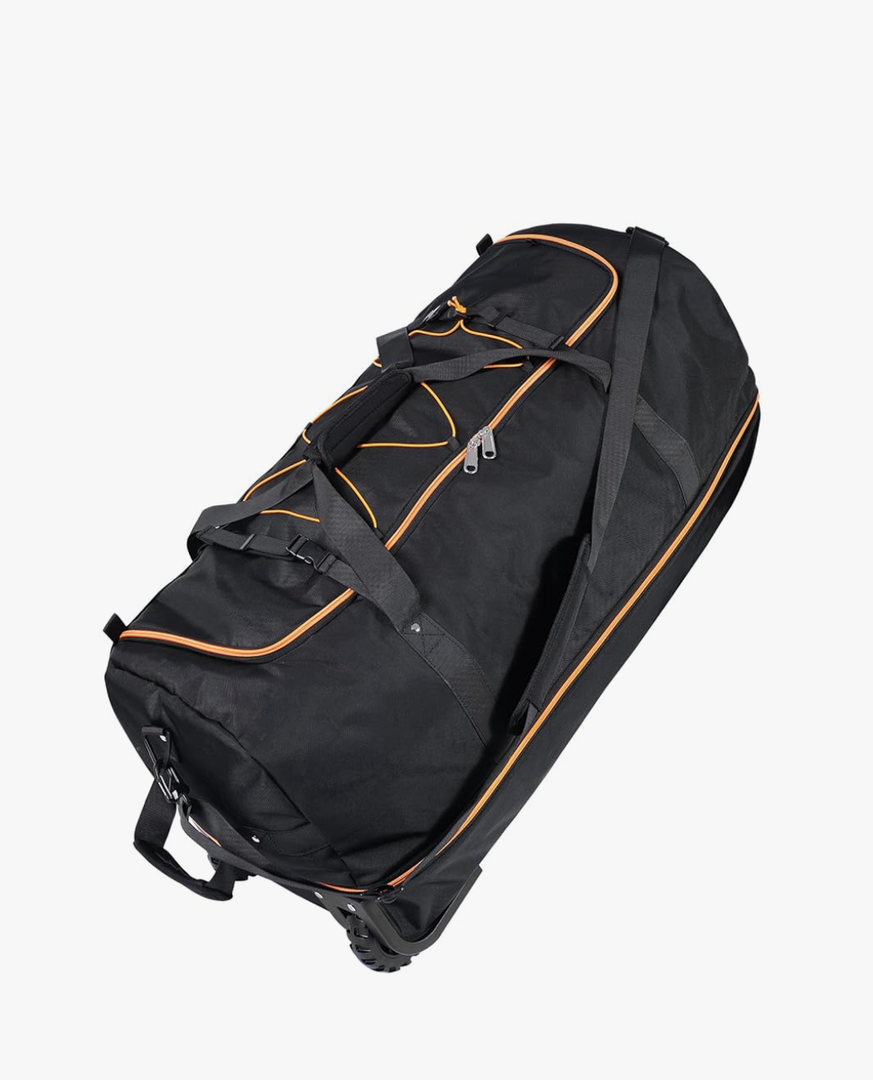 110L Expandable to 140L 32” Foldable Oxford Soft-Sided Rolling Duffle Bag with 2 Heavy-Duty Wheels,3 Large Compartments,Adjustable Shoulder Strap and Attached Organizer Pouch,Black Orange