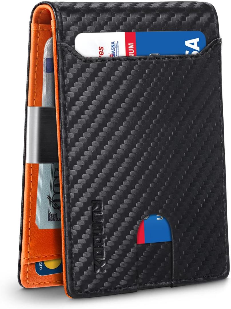 RUNBOX Money Clip Wallets for Men,Slim Leather Mens Bifold Wallet,RFID Blocking Front Pocket Wallet,Thin Credit Card Holder with Gift Box (Carbon Black&Orange)