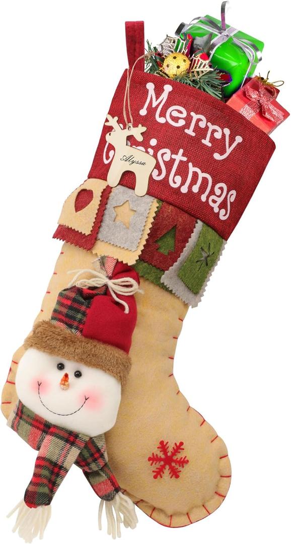 Christmas Stockings - 18.5 Inch Large Christmas Stocking - 3D Snowman Xmas Stockings with Name Tag, Great for Family Decoration Gifts, Fireplace, Christmas Tree and Stairs