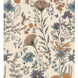 CiCiwind Boho Peel and Stick Wallpaper Floral Birds Wall Paper Vintage Removable Self Adhesive Contact Paper for Kitchen Bedroom Bathroom Decoral Cabinets and Drawers 78.7"17.3" (Beige)