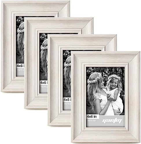 Yaetm 4x6 Picture Frame Set of 4, 1.4” Wide Molding & Rustic White Photo Frames with HD Tempered Glass, Display on Table Top & Wall Mounting (2 pack, Rustic White)