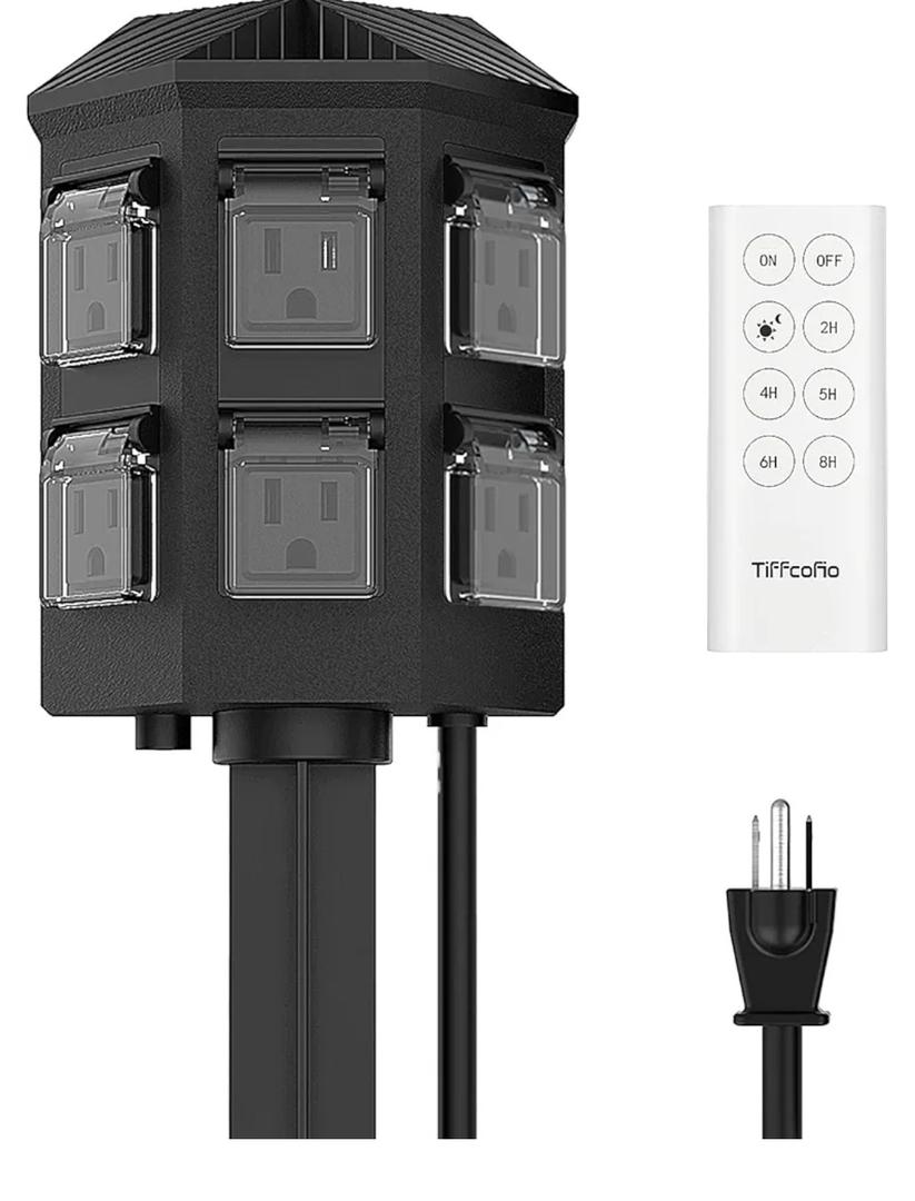 Outdoor Power Strip with 15 FT Extension Cord, 100FT Remote Control, Dusk to Dawn Light Timer Waterproof, 6 Grounded Outlets for Yard, Pool and Garden, ETL Listed, 2 Packs