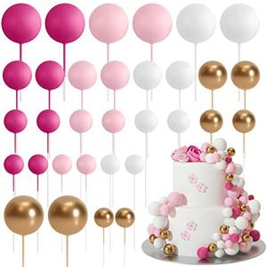 ASTARON 32 Pcs Ball Cake Topper Decorations Mini Balloons Cake Topper Sticks Foam Balls Cake Picks Cake Topper Balls Cake Decorations for Wedding Party Birthday Cake Decorating (Pink Gold)