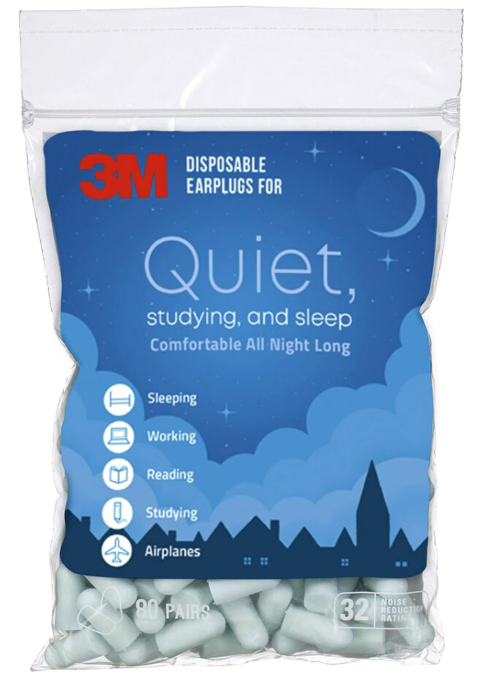 3M Disposable Earplugs For Quiet, Studying & Sleep, 80 Pairs (160 Plugs), Noise Reduction Rating (NRR) 32 dB, Comfortable All Night Long, Light Blue Ear Plugs, Come In Resealable Bag (EPQS-80B-SIOC)