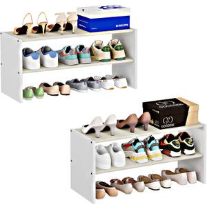 Cidaziya 2 Pack 2 Tier Small White Shoe Rack for Closet, Stackable Shoe Shelf Organizer for 9-12 Pairs of Shoes, Portable Wood and Cloth Structure, Small Shoe Storage Organizer, Size 28.5"* 11" * 13"