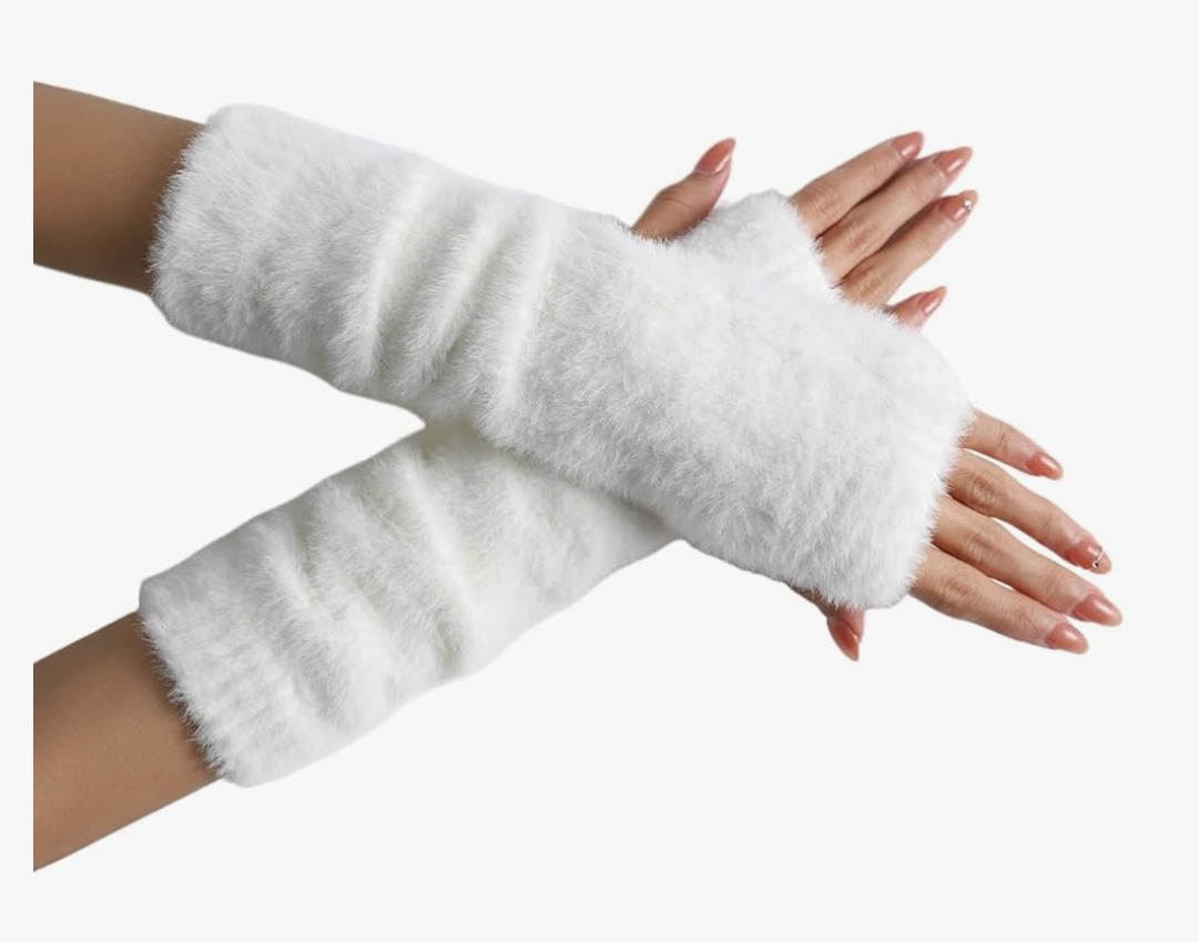 Velevt Arm Warmers for Women Winter Cute Fingerless Gloves Knit Fluffy Gloves Wrist Warmer with Thumb Hole