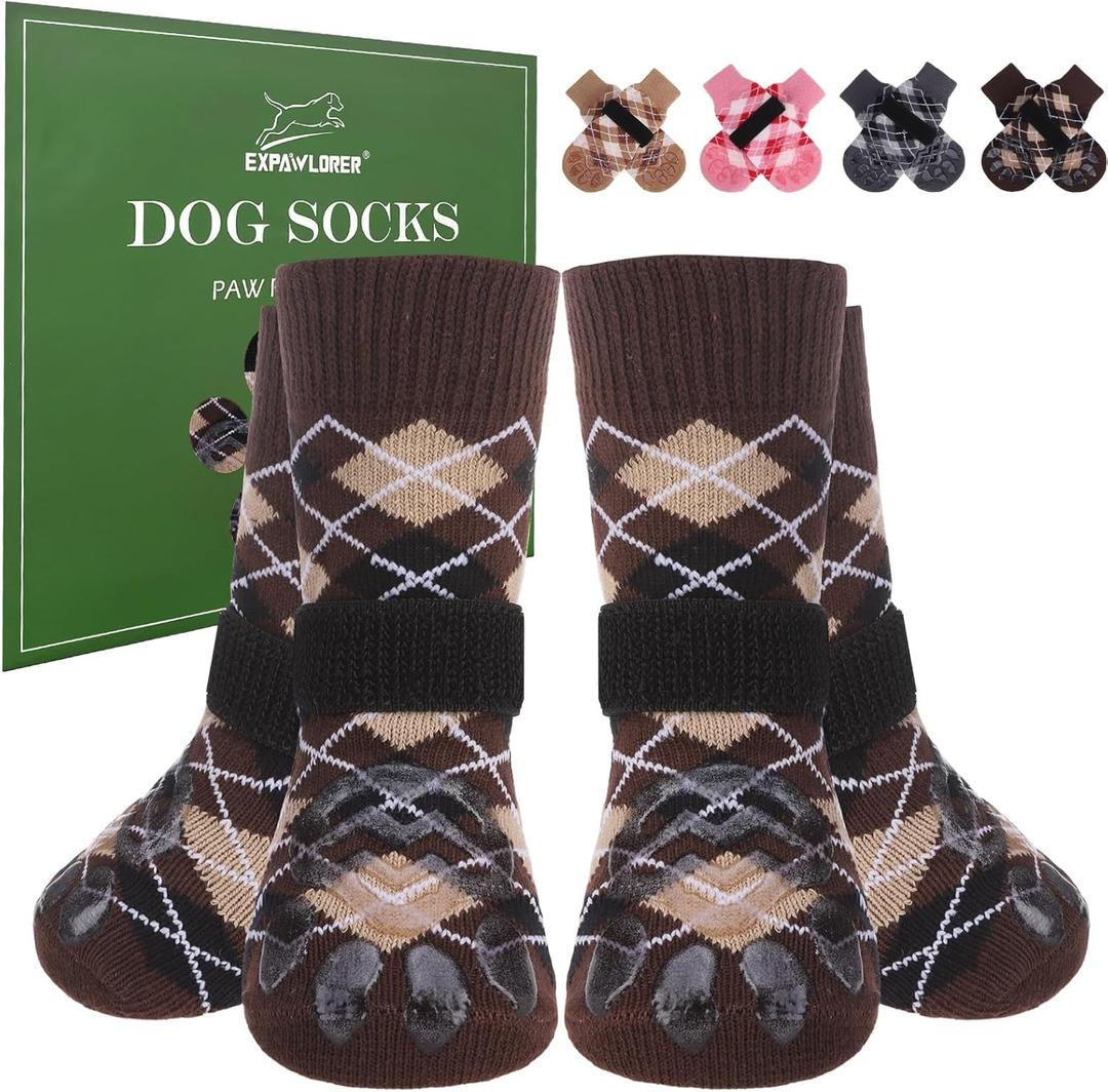 EXPAWLORER Dog Socks to Prevent Licking Paws,4 Pcs Double Sided Anti Slip Dog Socks with Grippers for Hardwood Floors,Dog Shoes Booties for Small Medium Large Senior Dogs,British Style,Brown L