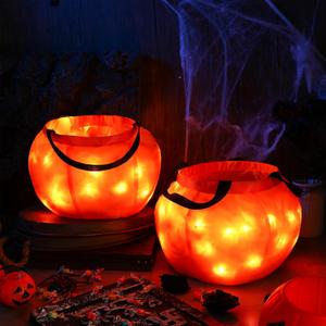 Shappy 2 Pieces Light up Halloween Trick or Treat Pumpkin Candy Bags Multipurpose Reusable Orange Goody for Trick or Treating Halloween Birthday Party Favors Supplies