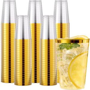 JOLLY CHEF 200 Pack 12 oz Gold Plastic Cups Elegant Gold Rimmed Disposable Cups Heavy-Duty Party Cups for Wedding, Thanksgiving, Christmas Parties