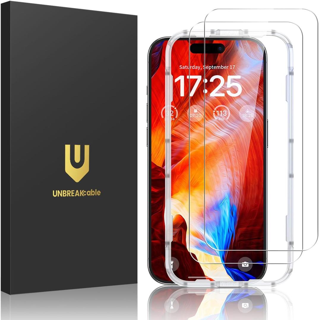UNBREAKcable 2-Pack Screen Protector for iPhone 15 Plus, Military-Grade Shatterproof Tempered Glass [9H+ Hardness] [Easy Installation Frame] [99.99% HD Clear] for Apple iPhone 15 Plus