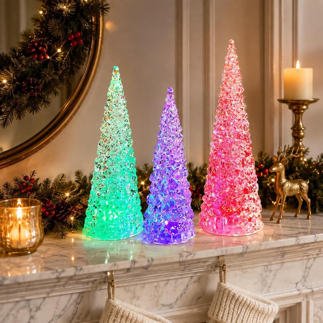 MOMENTS IN TIME Acrylic Tree Set 3 Pack Color Changing Tabletop Holiday Decoration LED Lighted Battery Operated Timer Function Holiday Home Decor Holiday Present