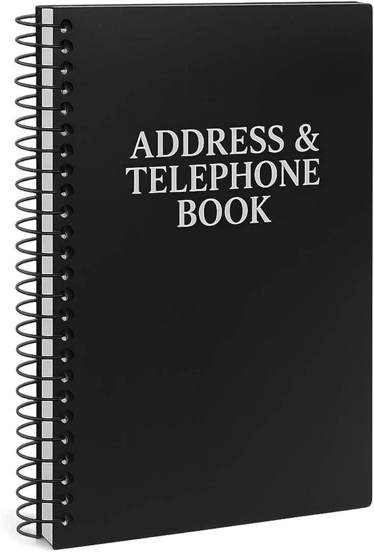 Iconikal Address Telephone Book, 8x5-Inch, Black, Spiral-Bound, 384 Contacts, Organizer for Organizing Names, Addresses, Email, Cell Phone Numbers (Single)