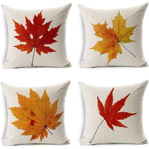 LEIOH Fall Decor Cotton Linen Leaves,Maple Leaf Autumn Decorations Cushion Covers 18 x 18 Inch Sofa Home Decor Throw Pillow Case for Bed Pillow Covers Set of 4