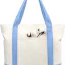 TOPDesign 6-Pack Canvas Tote Bags with an External Pocket, Reusable Grocery Shopping Bags, Top Zipper Closure, Daily Essentials (Light Blue/Natural)