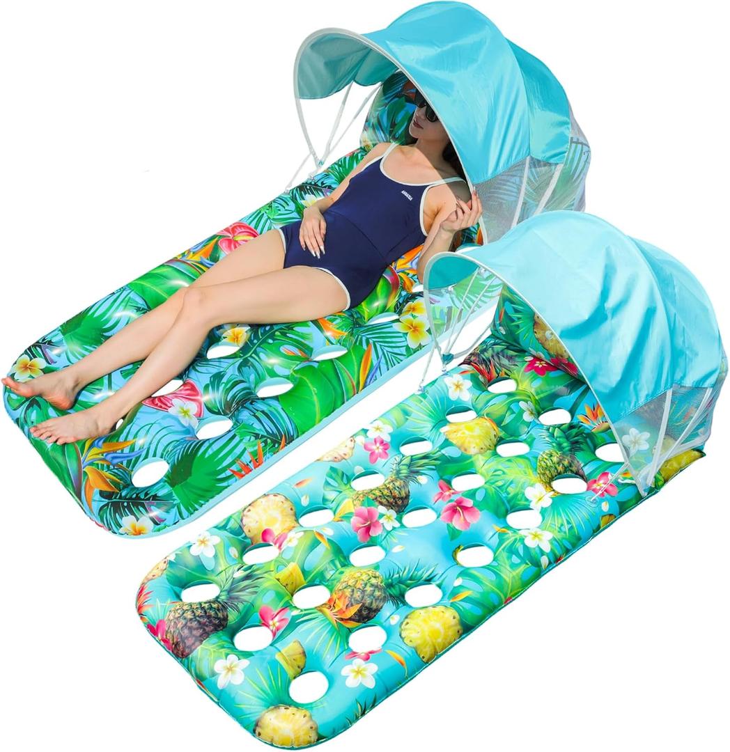 FindUWill Pool Floats with Canopy Adults - 2 Pack XL Pool Floats with Headrest, Removable Shade, Inflatable Pool Floaties Beach Pool Accessories for Adult (Green Pineapple & Blue Fern)